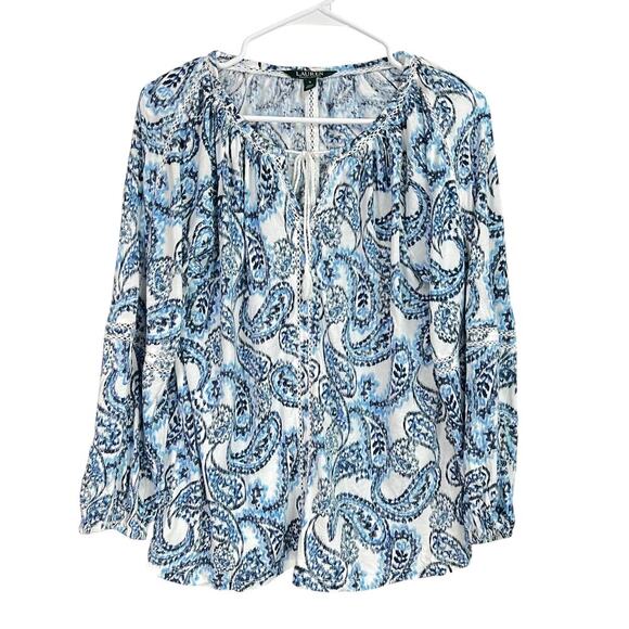 Lauren Ralph Lauren Blue White Paisley Print Peasant Top Small - Picture 1 of 9